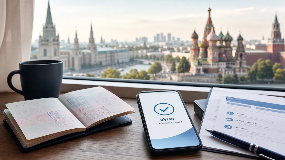 Traveller reviewing Russia eVisa requirements and passport documents